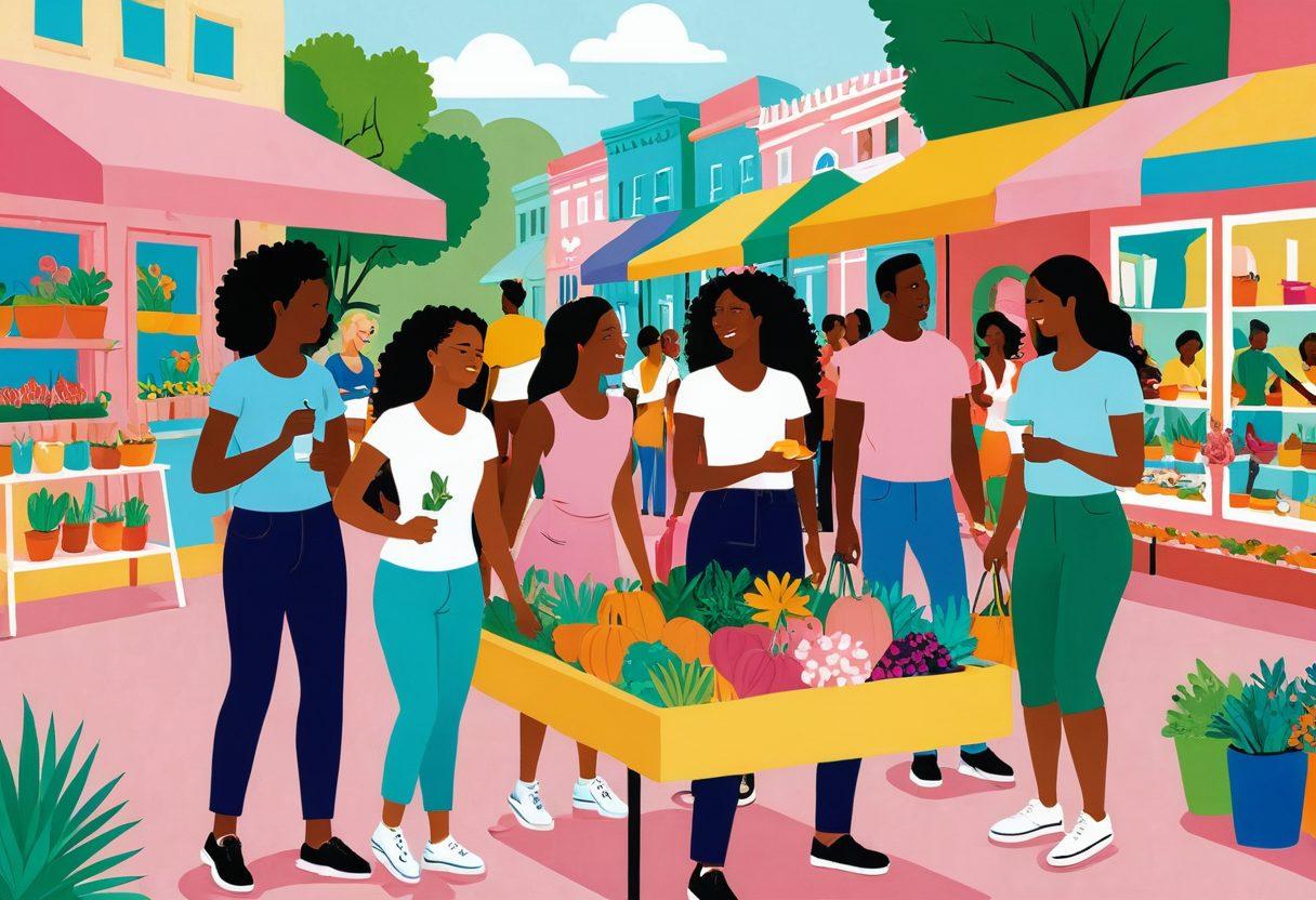 A vibrant illustration of a diverse group of friends joyfully exploring a colorful marketplace filled with pleasure and intimacy products. They are discussing various insurance plans while surrounded by playful, whimsical designs of the items. The scene should evoke a sense of community, trust, and safety in enjoying life. Emphasize warmth and camaraderie with soft, inviting colors. vector art. vibrant colors.