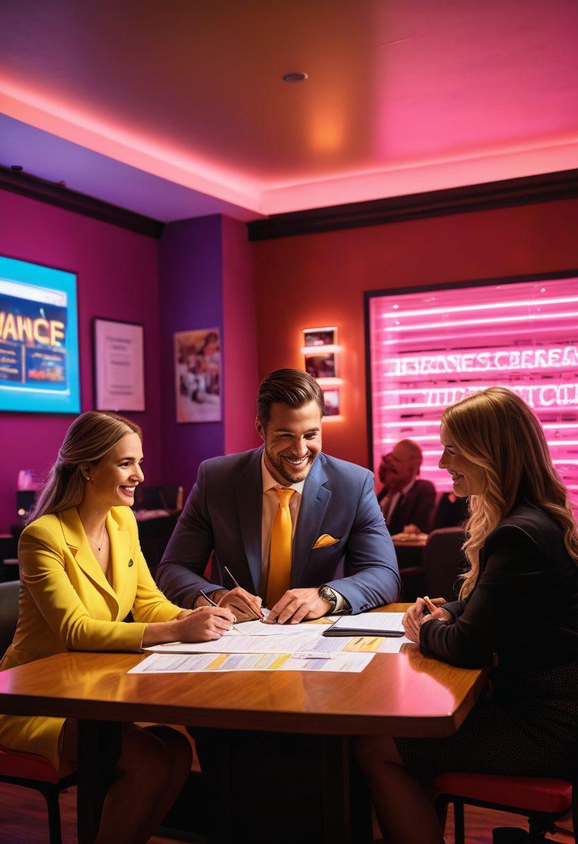 A vibrant and engaging scene depicting a comfortable adult entertainment venue, with a diverse group of adults enjoying themselves safely. Include visuals of insurance documents and a smiling agent discussing options with business owners. The background should have subtle hints of neon lights and an atmosphere of pleasure and professionalism. super-realistic. vibrant colors. warm lighting.